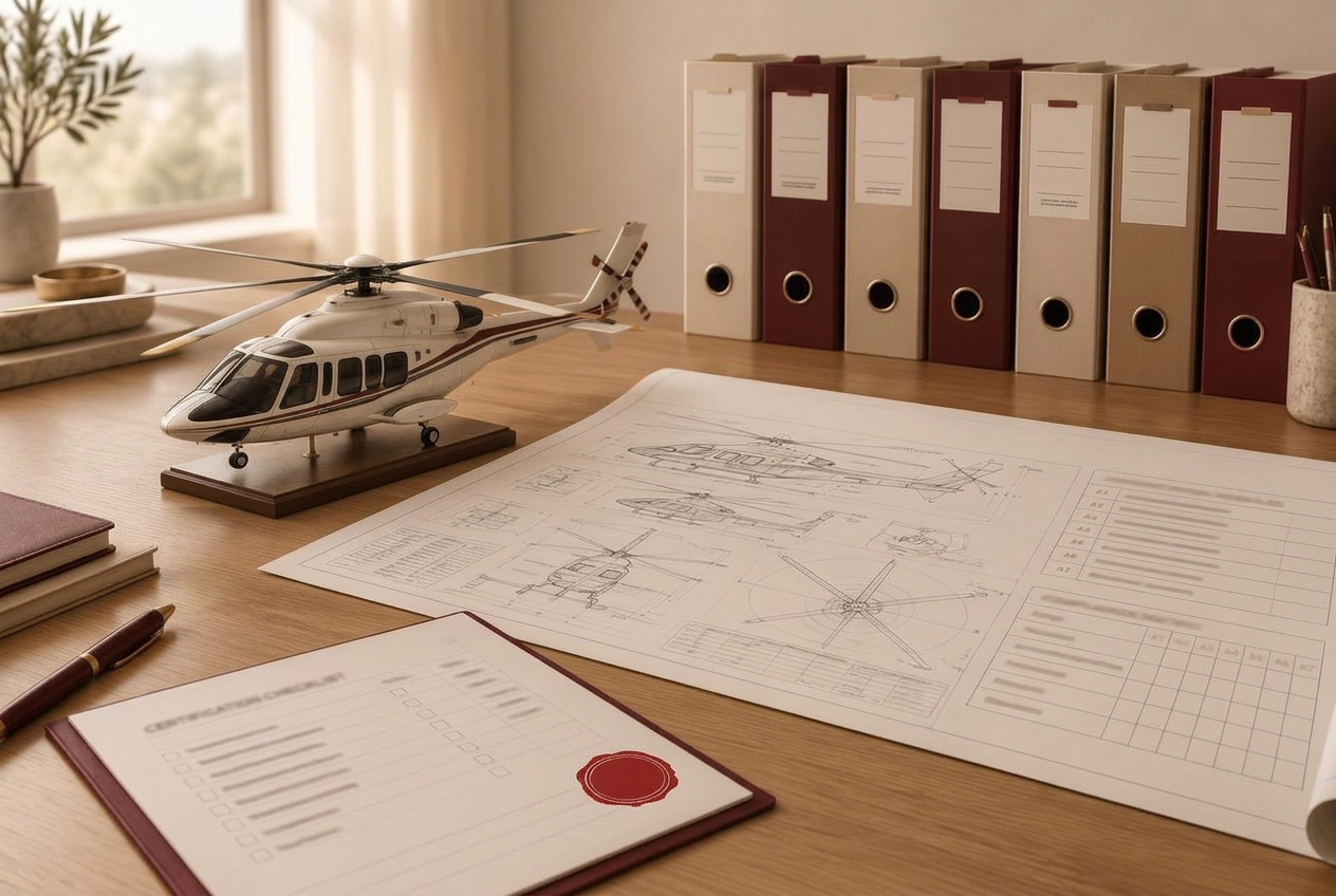 Helicopter scale model beside modular certification binders, rotorcraft blueprint and compliance checklist