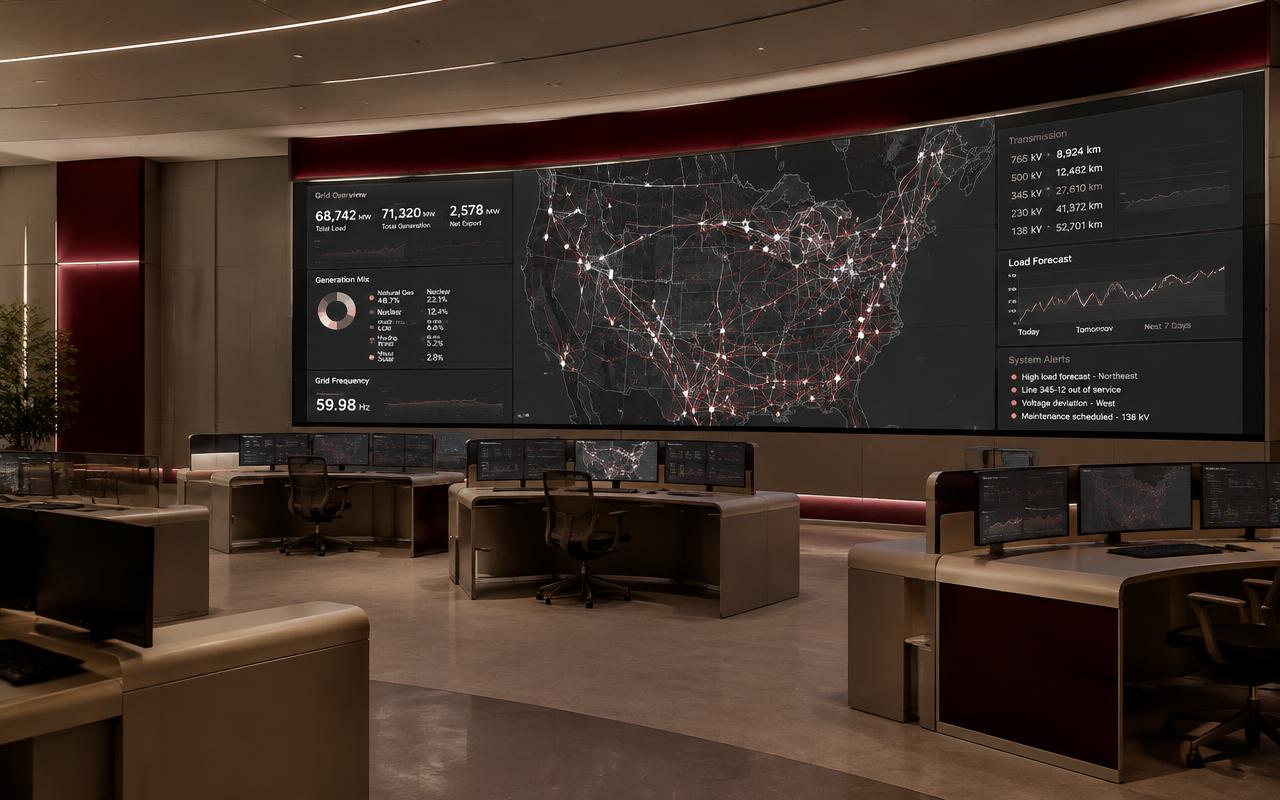 Critical infrastructure control room with grid network displays
