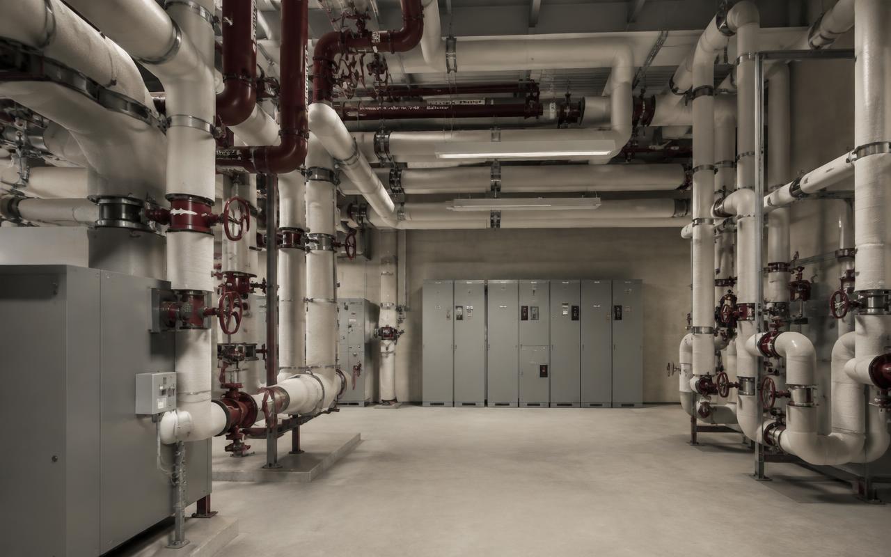 Mechanical plant room with insulated pipes and electrical panels